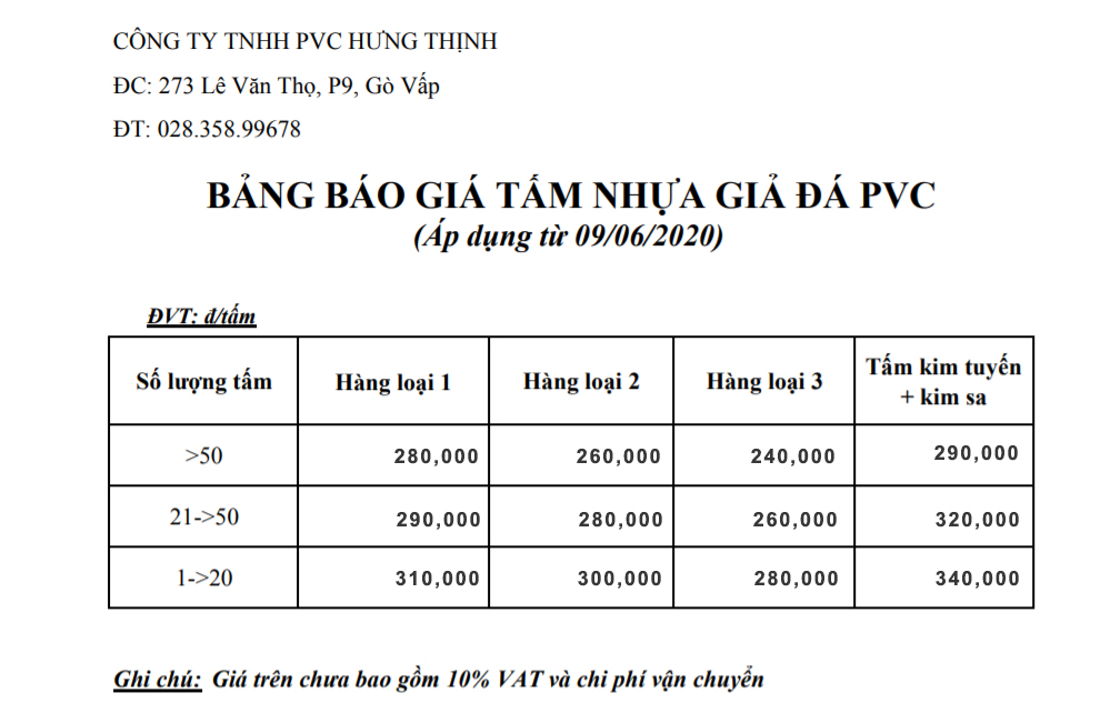 Bảng giá tấm nhựa giả đá