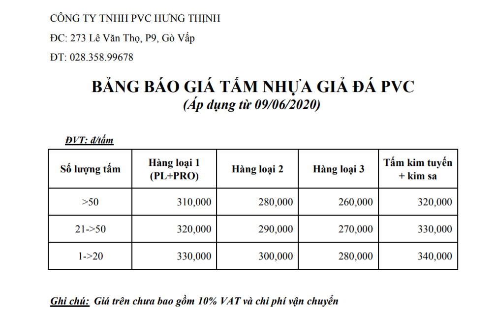 Báo giá tấm nhựa giả đá